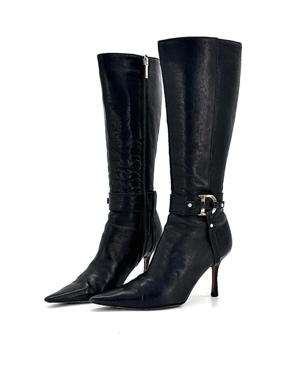 Dior Vintage John Galliano Logo Harness Knee High Heeled Leather Boots 36.5